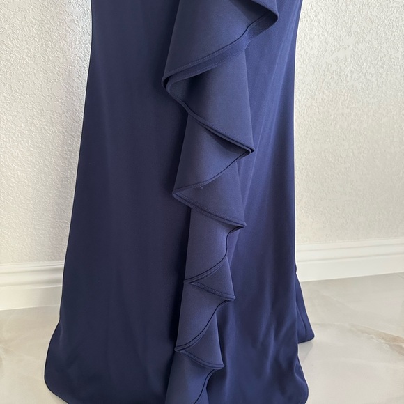 Betsy & Adam Navy Blue Off-Shoulder Ruffle Back Mermaid Gown - Picture 3 of 8